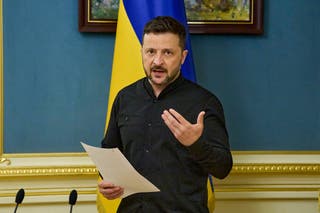Zelensky speaks during a briefing in Kyiv on Monday